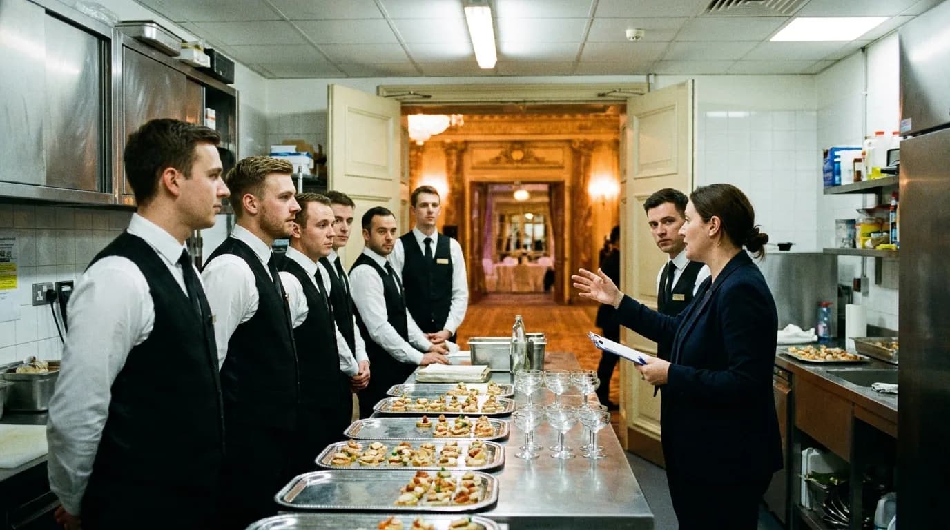 Event waiting staff briefed before service at a London venue