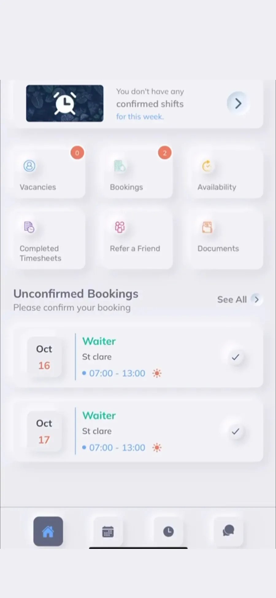 Albion app home screen showing available shifts